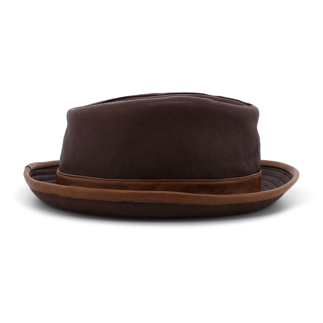 Introducing the Turino by Bed|Stü—a crushable brown leather fedora featuring a darker crown and a lighter brown brim, displayed from the front against a white background. This handmade, lightweight leather hat blends style and comfort for any occasion.