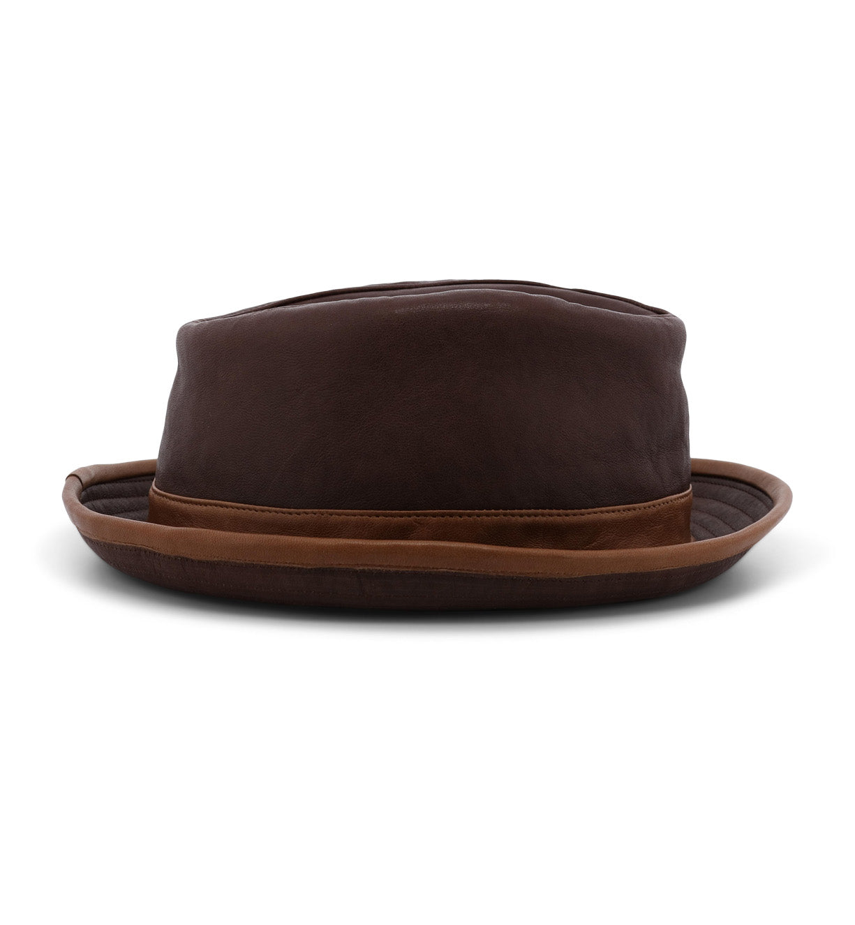 Introducing the Turino by Bed|Stü—a crushable brown leather fedora featuring a darker crown and a lighter brown brim, displayed from the front against a white background. This handmade, lightweight leather hat blends style and comfort for any occasion.