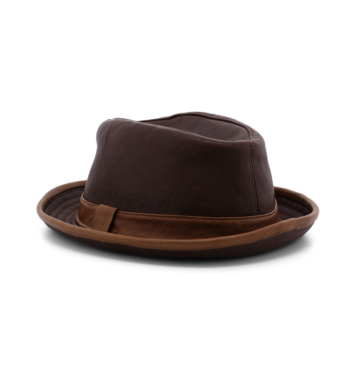 The Bed|Stü Turino is a lightweight, brown fedora hat with a matching brown band, shown from the side against a white background. This crushable, handmade leather hat blends classic style and practical durability.