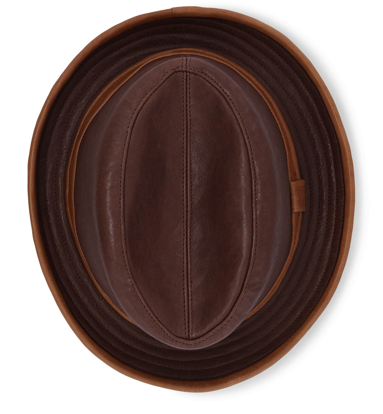 Introducing the Turino by Bed|Stü—a lightweight, handmade leather hat captured from above, highlighting its distinctive oval shape, visible stitching details, and a small side loop.