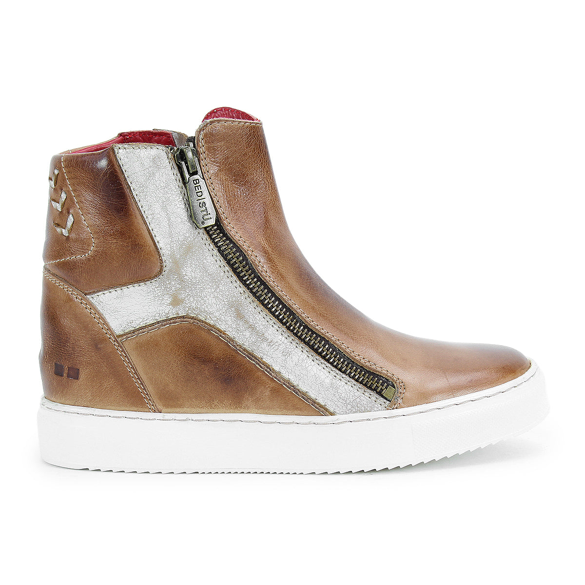 Bed|Stü Twist sneaker in brown leather, featuring metallic silver accents, a hidden wedge design, side zipper closure, sleek leather panels, white sole, and red interior lining, shown in a left side profile view.