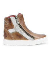 Bed|Stü Twist sneaker in brown leather, featuring metallic silver accents, a hidden wedge design, side zipper closure, sleek leather panels, white sole, and red interior lining, shown in a left side profile view.