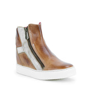 Bed|Stü Twist high-top sneaker in brown and metallic silver, featuring leather panels, a side zipper, and a white rubber sole, displayed on a plain white background.