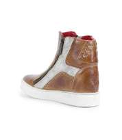 Introducing the Bed|Stü Twist: a brown and silver high-top sneaker featuring a white sole, convenient side zipper, red inner lining, leather panel accents, and stitched heel detailing.