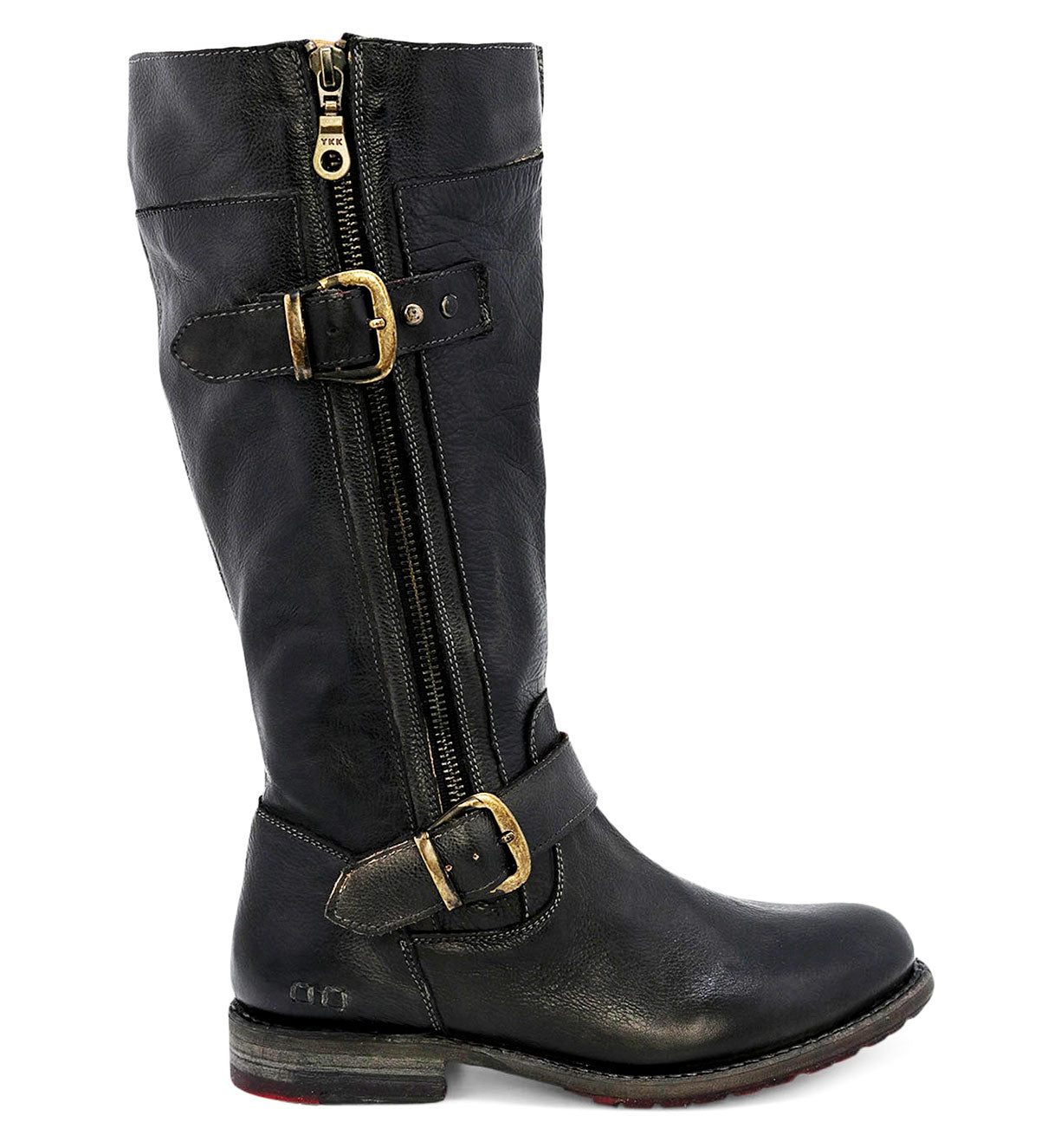 Introducing the Bed|Stü Gogo Lug Wide Calf—a black leather mid-calf engineer boot featuring a convenient side zipper, two brass buckles, a low heel, and a slightly worn texture with a rounded toe.