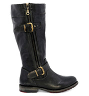 Introducing the Bed|Stü Gogo Lug Wide Calf—a black leather mid-calf engineer boot featuring a convenient side zipper, two brass buckles, a low heel, and a slightly worn texture with a rounded toe.