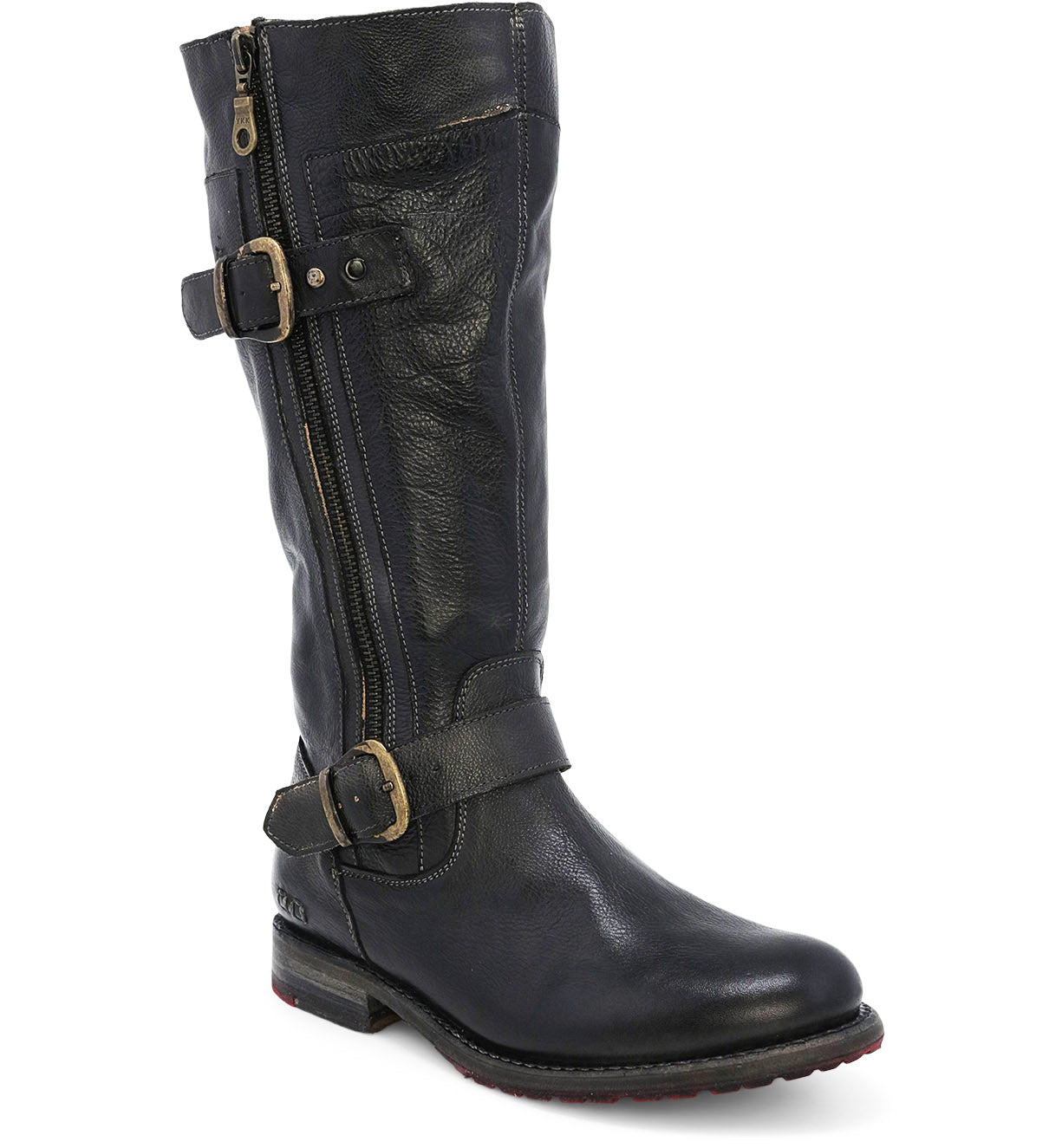 The Bed|Stü Gogo Lug Wide Calf is a tall black leather engineer boot with two side buckles, an exposed zipper, and a low stacked heel. Designed for comfort, it features a rounded toe, visible stitching accents, and an accommodating wide-calf fit.