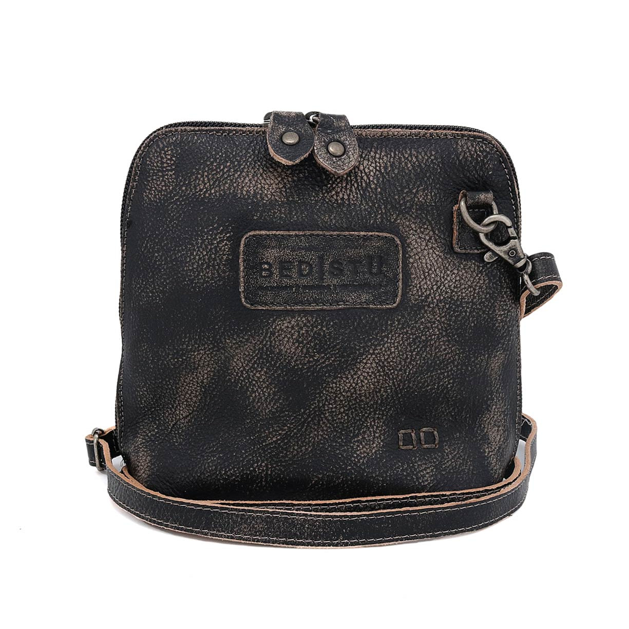 The Bed|Stü Ventura is a small, square crossbody bag crafted from distressed black leather, featuring visible stitching, a front logo patch that reads "Bed|Stü," an exterior zip pocket, and an adjustable strap. Stylish and lightweight, this purse is perfect for carrying your essentials on the go.