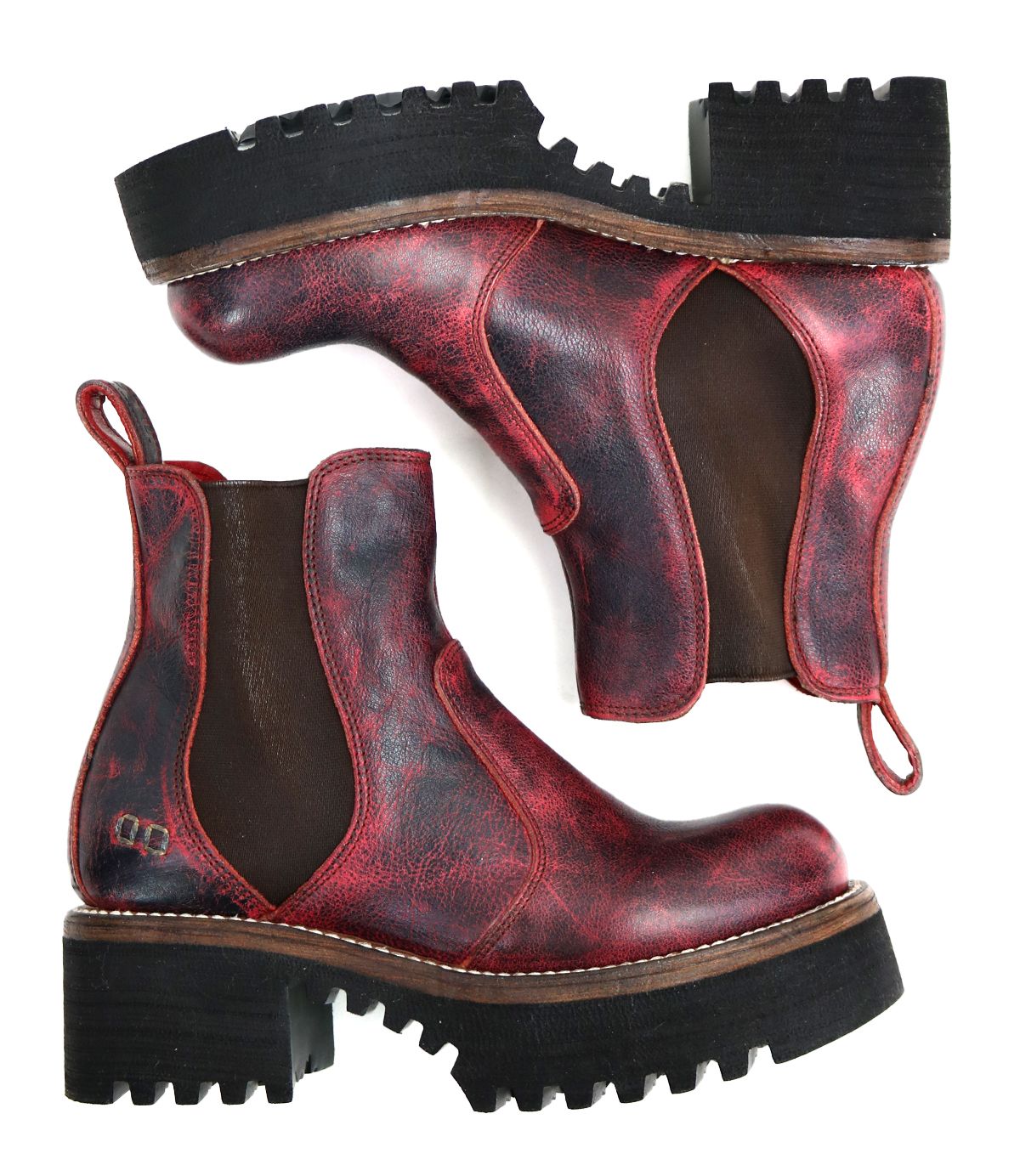 A pair of Valda Hi red distressed leather Chelsea boots by Bed|Stü, featuring black elastic side panels, comfortable platform soles, and pull tabs, shown from the side and sole view.
