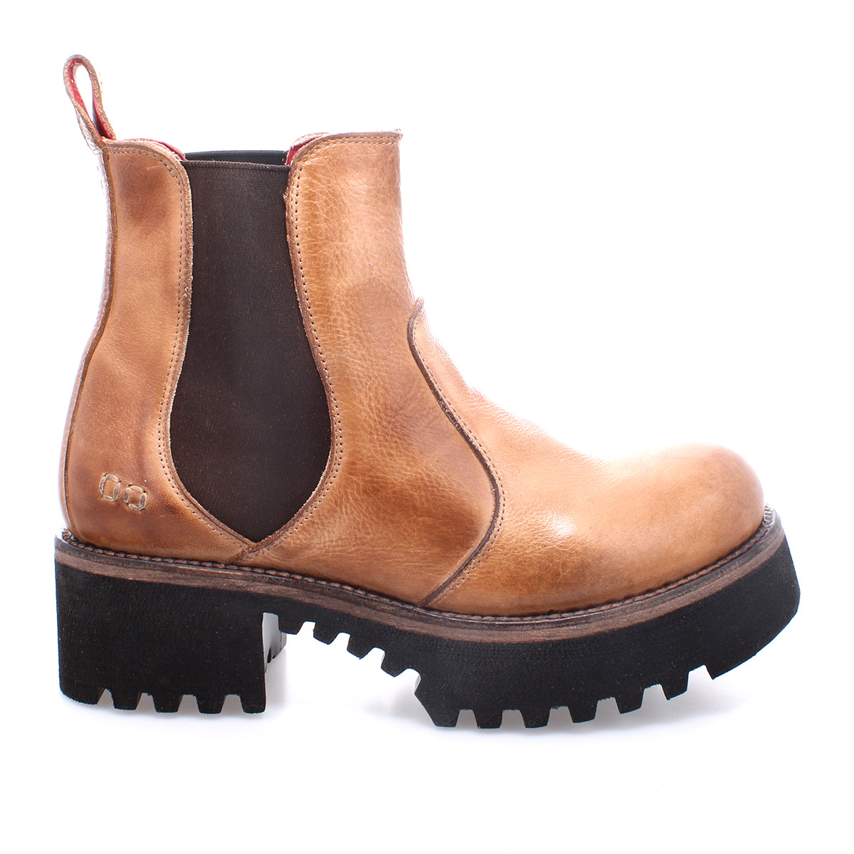Side view of the Valda Hi by Bed|Stü, a tan leather Chelsea boot featuring a black elastic side panel, comfortable platform sole, chunky black tread outsole, and a pull tab at the heel.