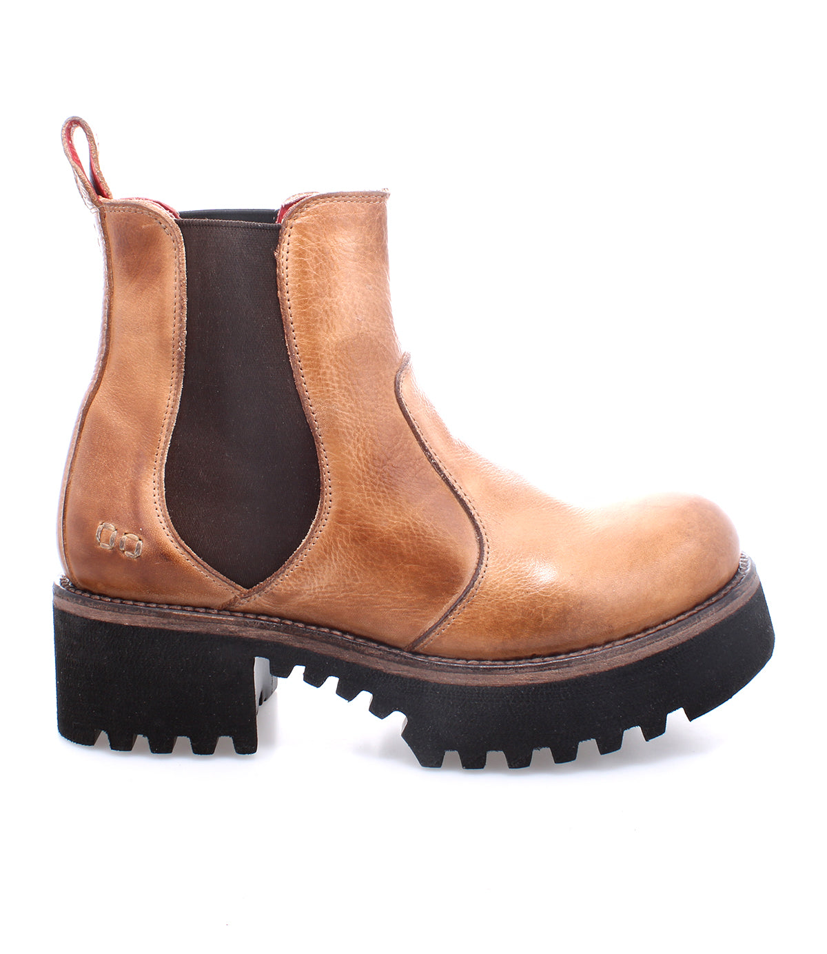 Side view of the Valda Hi by Bed|Stü, a tan leather Chelsea boot featuring a black elastic side panel, comfortable platform sole, chunky black tread outsole, and a pull tab at the heel.