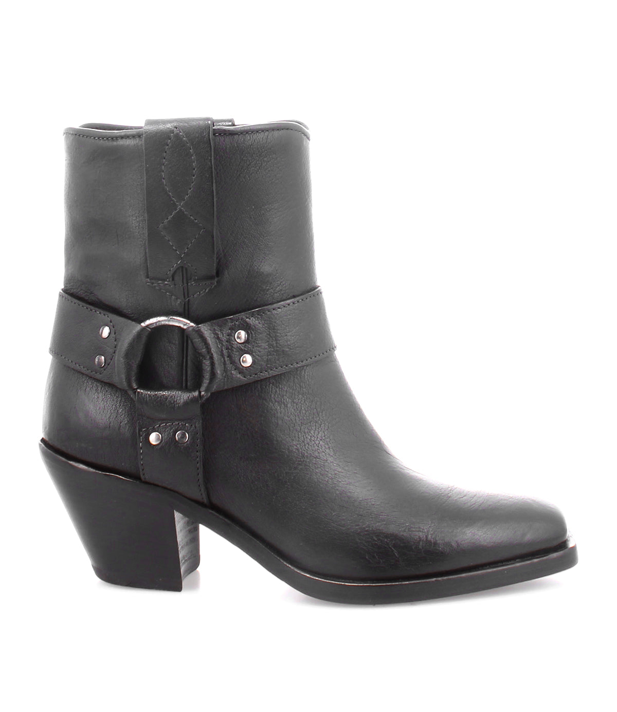 Introducing the Vamoose by Bed|Stü: a sophisticated square-toe Italian leather ankle boot, designed in a classic harness-boot style. Featuring a mid-high angled heel, decorative harness strap with metal ring, and a pull tab at the top, these black boots offer modern edge with timeless craftsmanship.