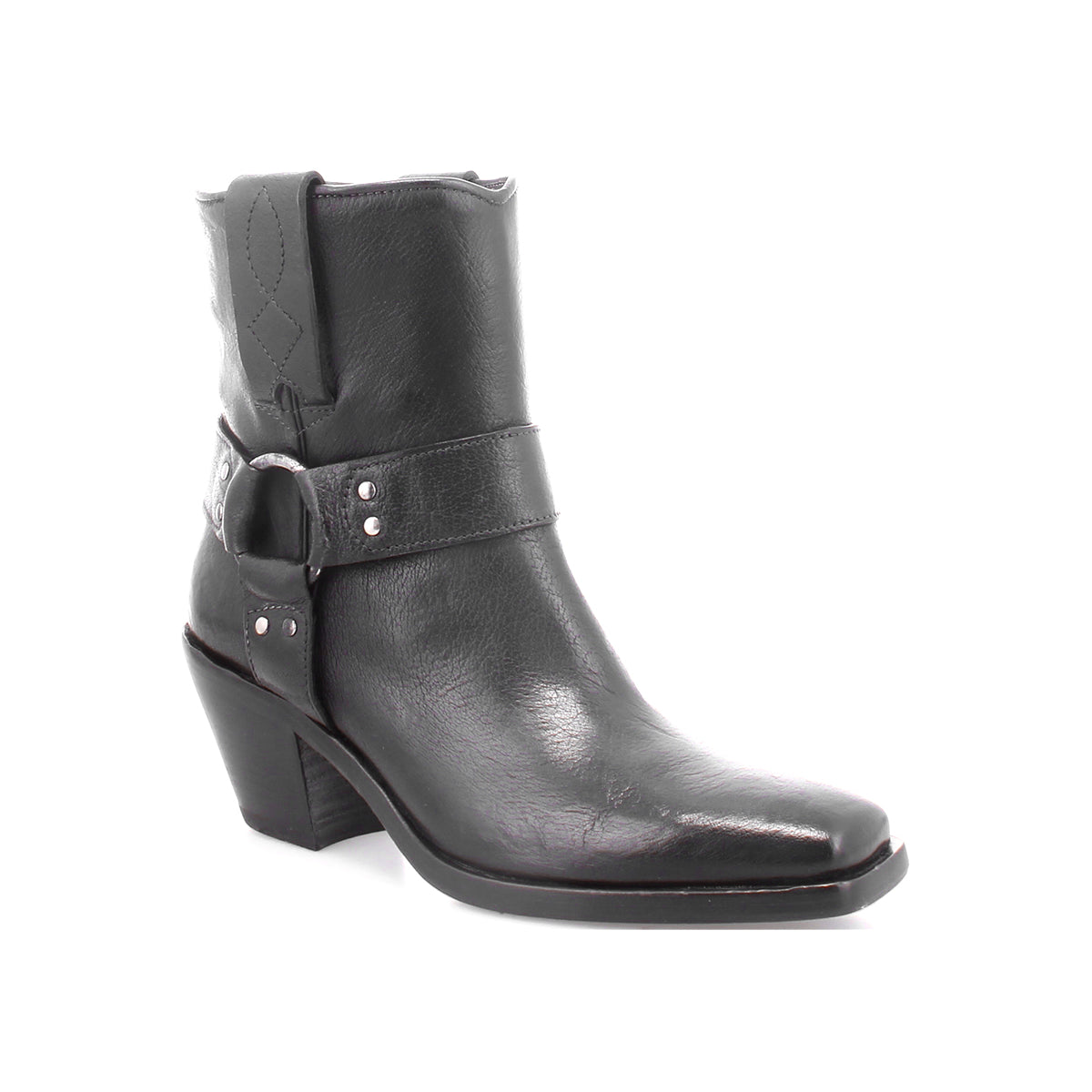 The Bed|Stü Vamoose is a black Italian leather ankle boot with a low heel, side buckle strap, decorative stitching, and a pointed toe in a modern harness-boot style, displayed against a white background.