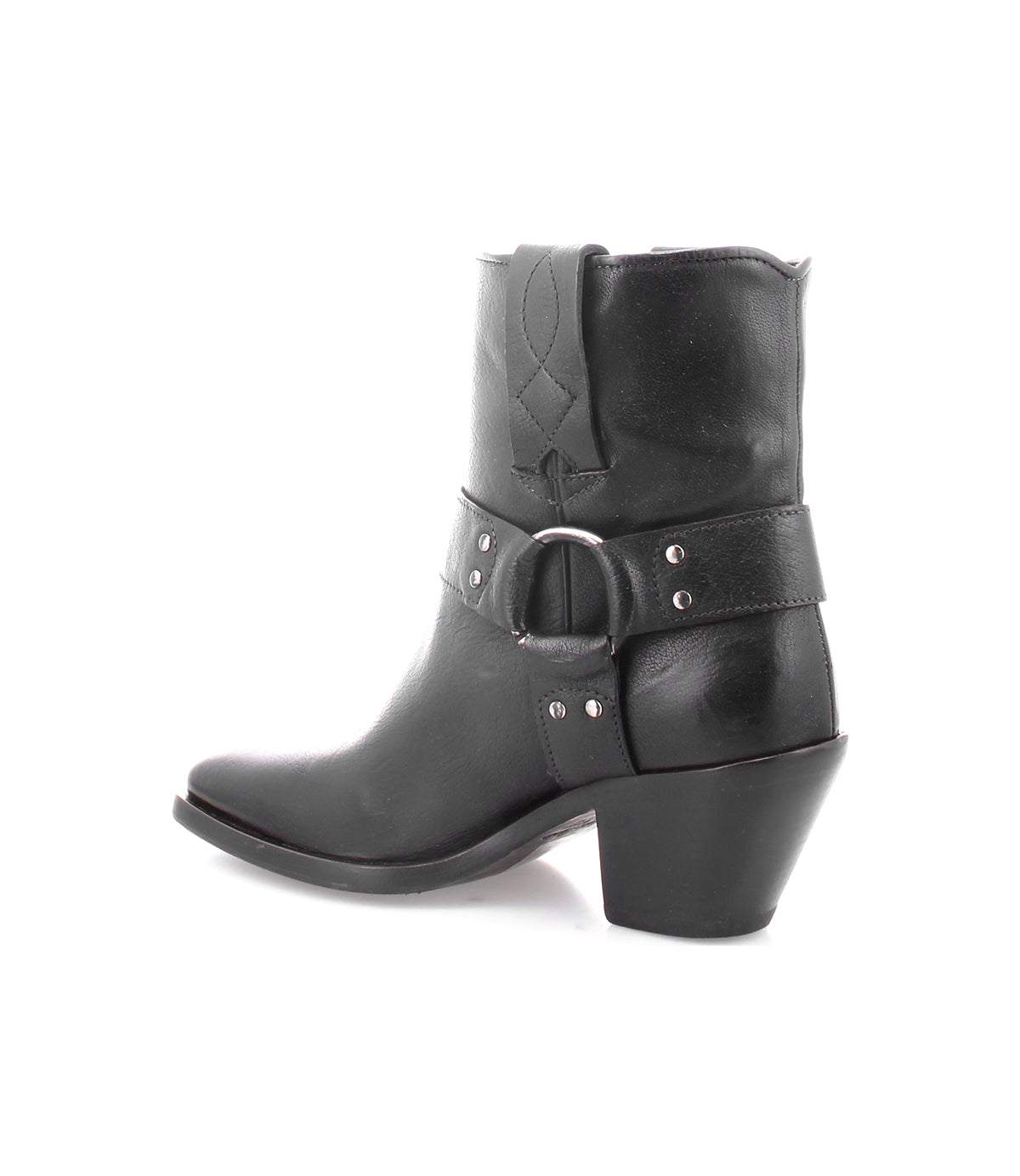 Introducing the Vamoose by Bed|Stü—a black Italian leather ankle cowboy boot featuring a pointed toe, chunky heel, and a decorative harness strap with metal ring and studs, showcased on a white background. This harness-boot style brings bold character to the classic silhouette.