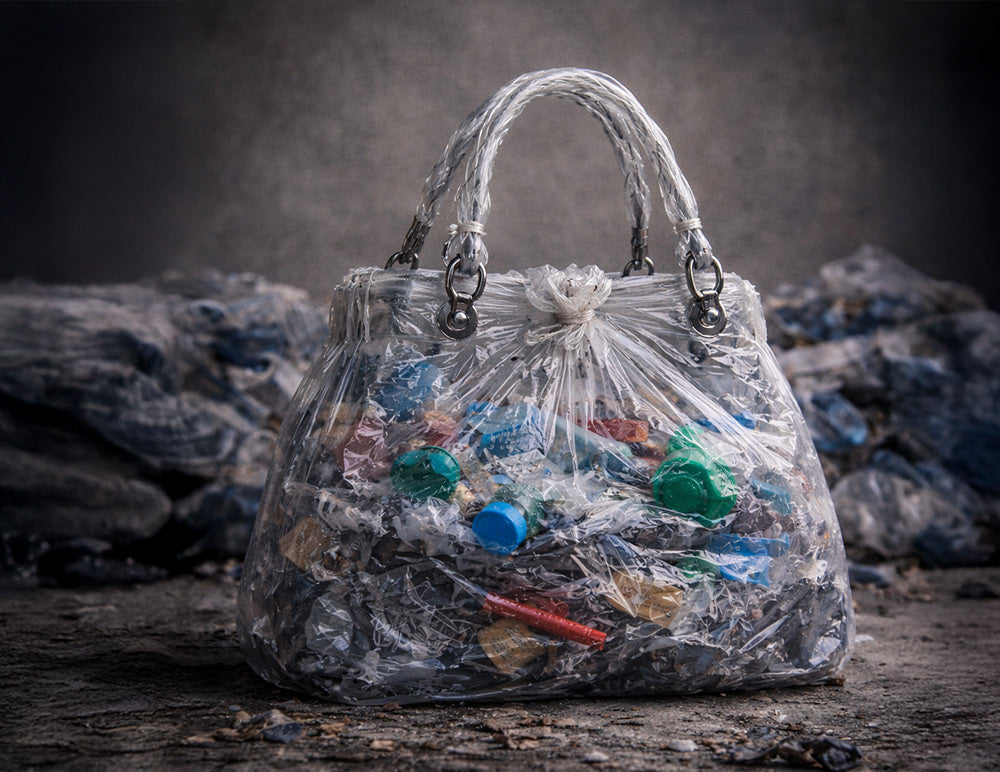 Handbag-shaped clear plastic bag filled with mixed plastic waste, set against piles of trash in a dark studio scene.