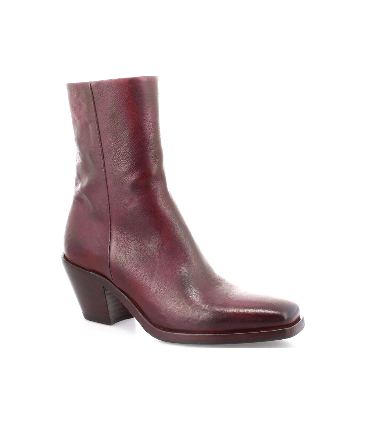 The Vendue by Bed|Stü is a single maroon ankle boot, expertly crafted from luxurious Italian leather with a rounded square toe and a chunky mid-height heel, displayed against a white background.