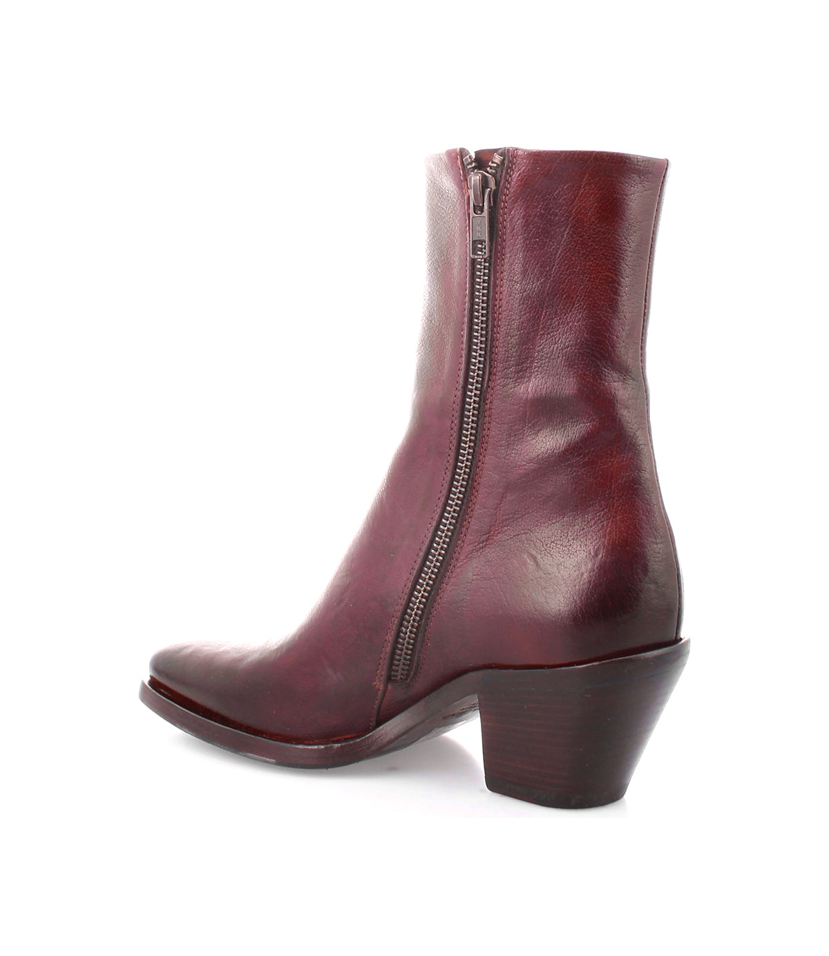 Introducing Vendue by Bed|Stü: a maroon ankle boot crafted from luxurious Italian leather, featuring a pointed toe, mid-height block heel, and an easy-access side zipper. The sophisticated Vendue design is elegantly displayed against a white background.