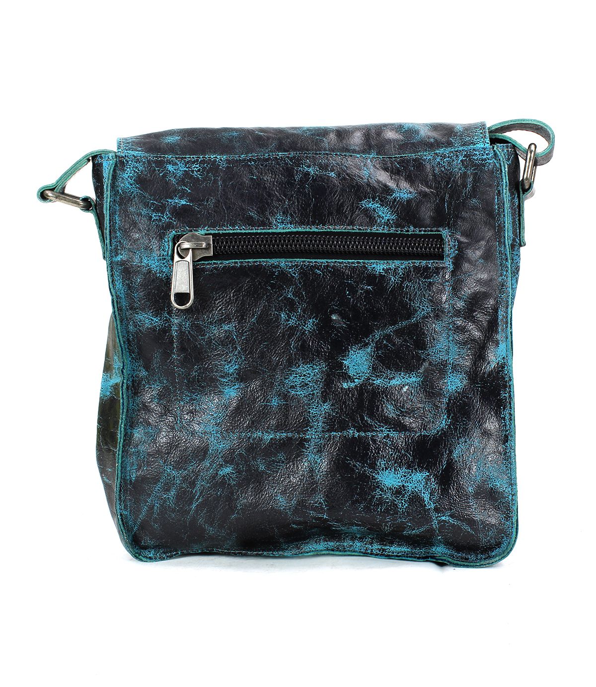 Introducing the Venice Beach by Bed|Stü—a compact, square-shaped crossbody bag meticulously crafted from luxurious full-grain black leather and adorned with a striking teal marbled pattern. Designed for everyday versatility, it features a convenient front zippered pocket and an adjustable strap for a comfortable, personalized fit.