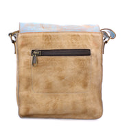 Introducing the Venice Beach by Bed|Stü—a square tan crossbody bag made from full-grain leather, featuring a front zippered pocket, visible stitching, side metal hardware, and an adjustable strap for versatile wear.