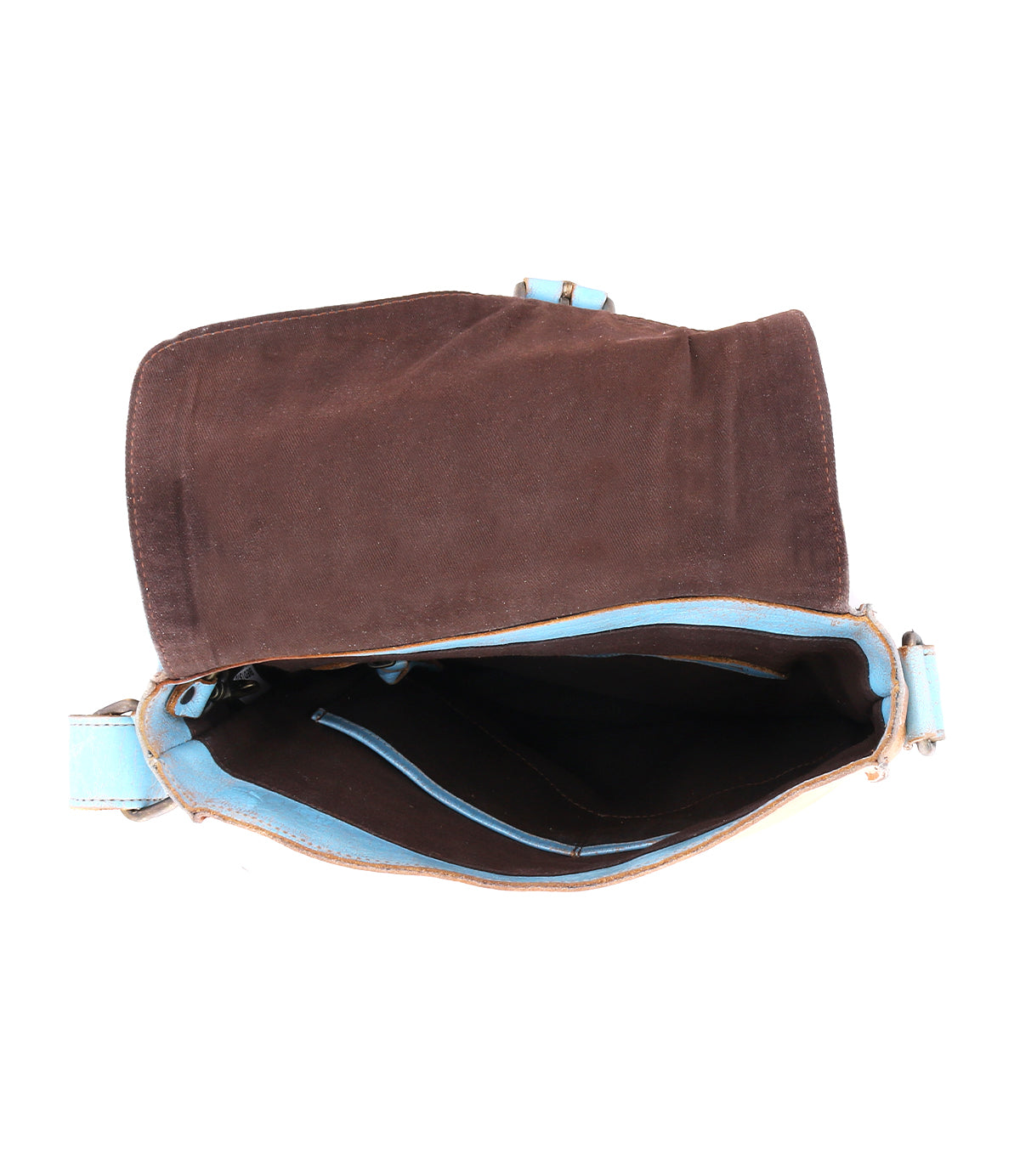 The Bed|Stü Venice Beach open brown suede crossbody bag with a flap, shown from above on a white background, features an adjustable strap and reveals light blue lining with interior compartments.