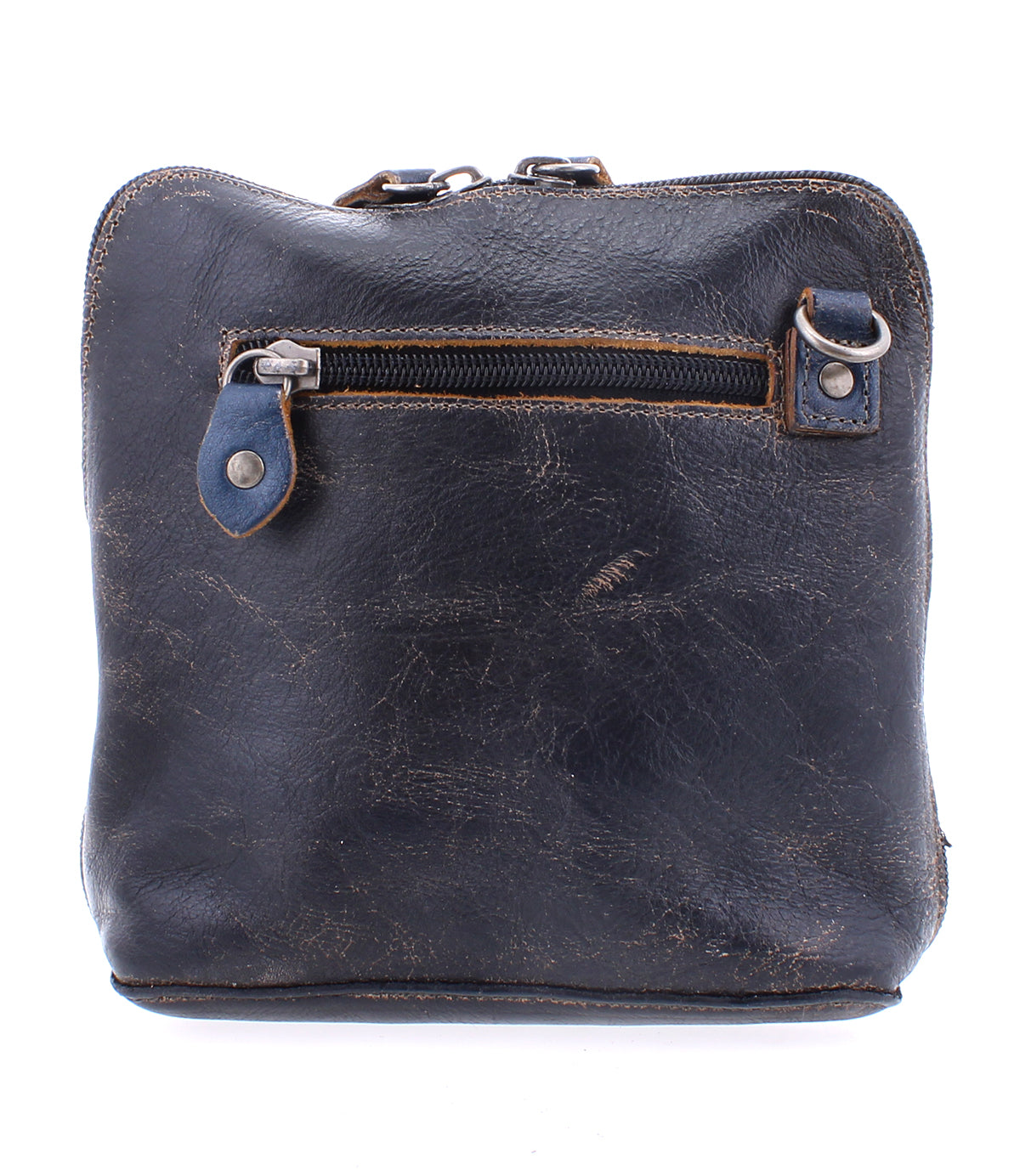 A well-loved Bed|Stü Ventura black leather crossbody bag featuring a front exterior zip pocket and visible scuff marks, photographed against a white background.