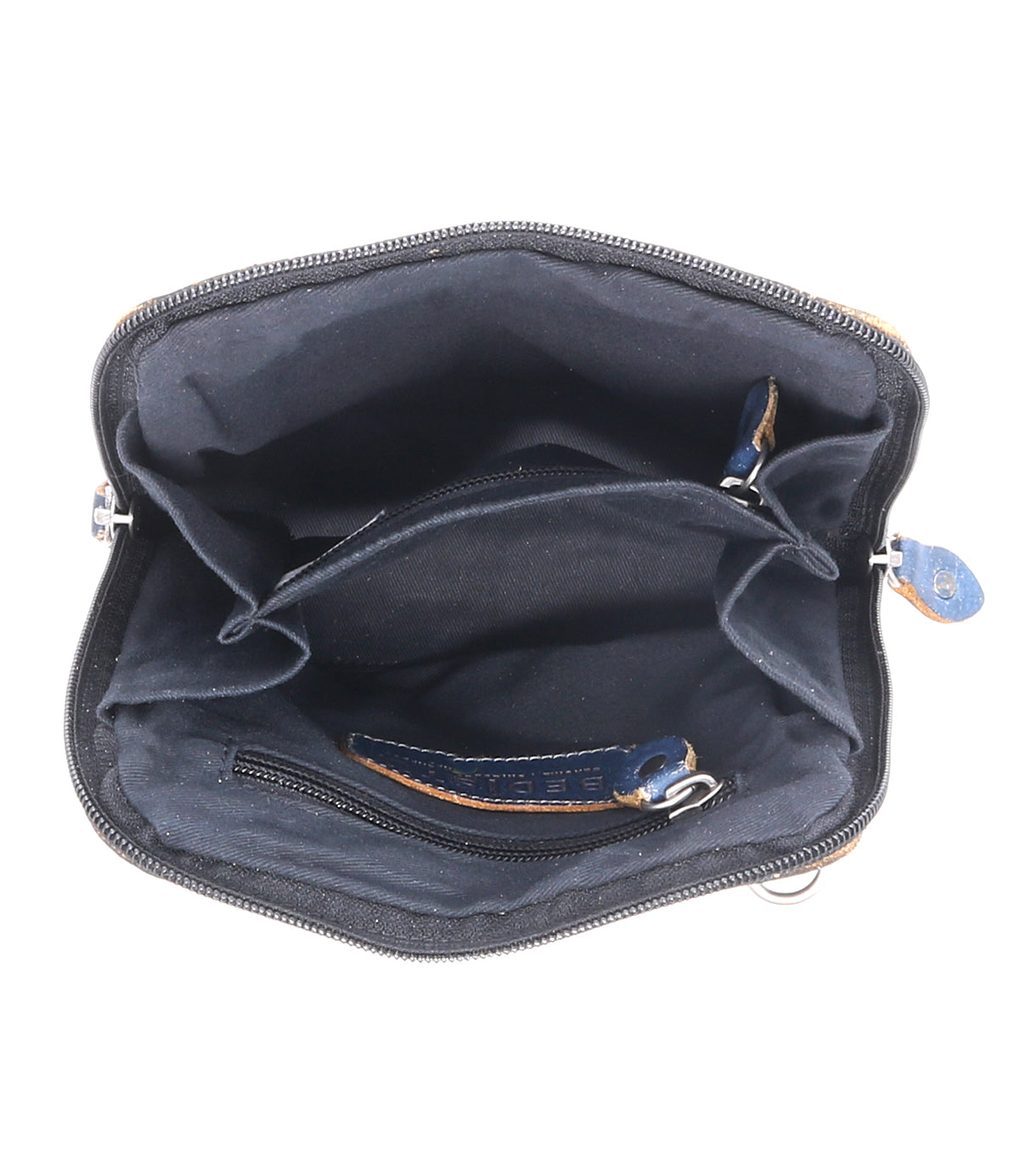 Open view of the Ventura by Bed|Stü—an empty black fabric wallet featuring multiple compartments, a zipper closure, and an exterior zip pocket—perfect for those seeking a practical yet lightweight purse.