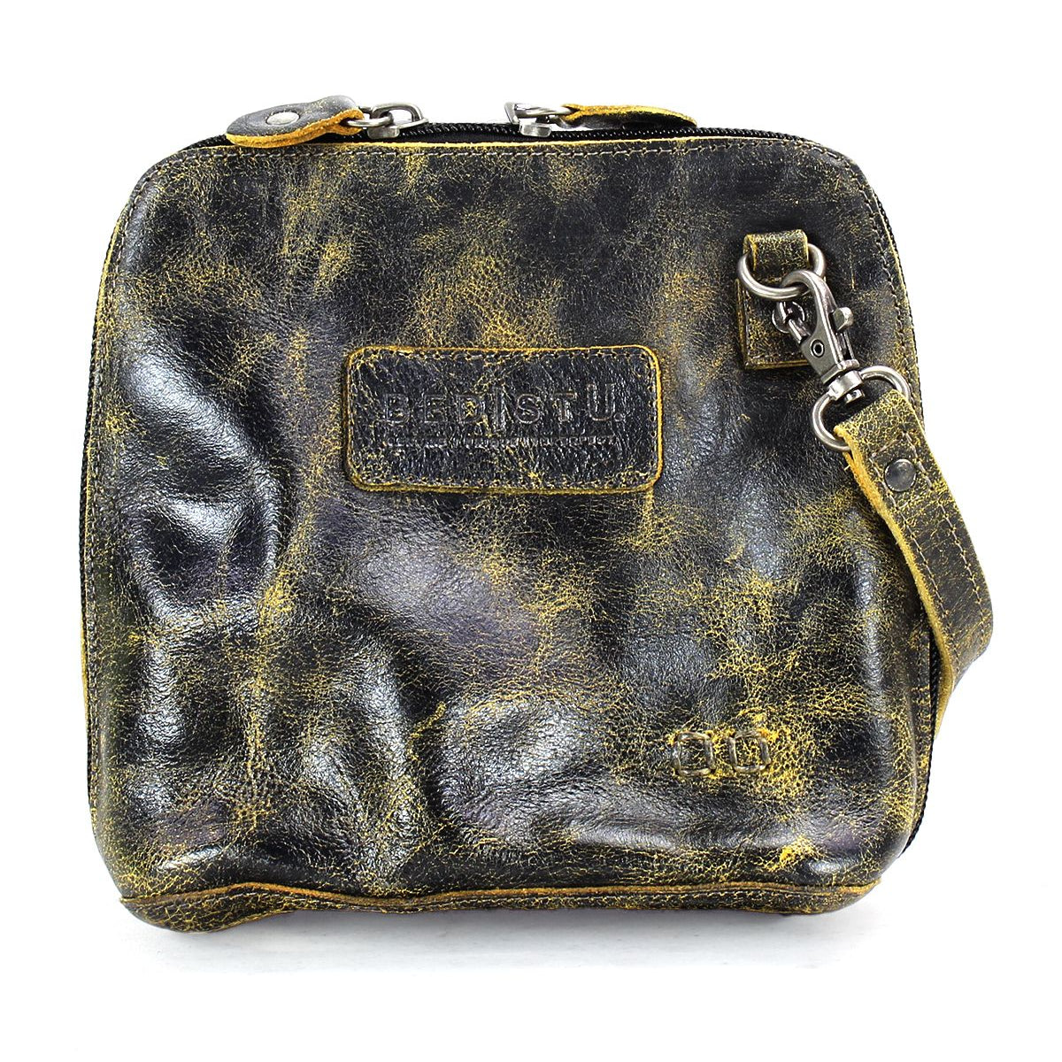 Introducing the Ventura by Bed|Stü: a lightweight black and yellow leather crossbody bag featuring a zippered top, detachable strap, rectangular embossed patch on the front, and an exterior zip pocket for added convenience.