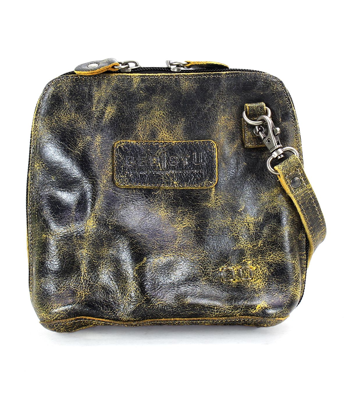 Introducing the Ventura by Bed|Stü: a lightweight black and yellow leather crossbody bag featuring a zippered top, detachable strap, rectangular embossed patch on the front, and an exterior zip pocket for added convenience.
