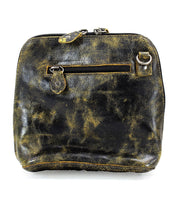 Bed|Stü Ventura worn black leather crossbody bag featuring a small exterior zip pocket, metal hardware, and surface scuffs and creases. This lightweight purse merges vintage character with everyday practicality.