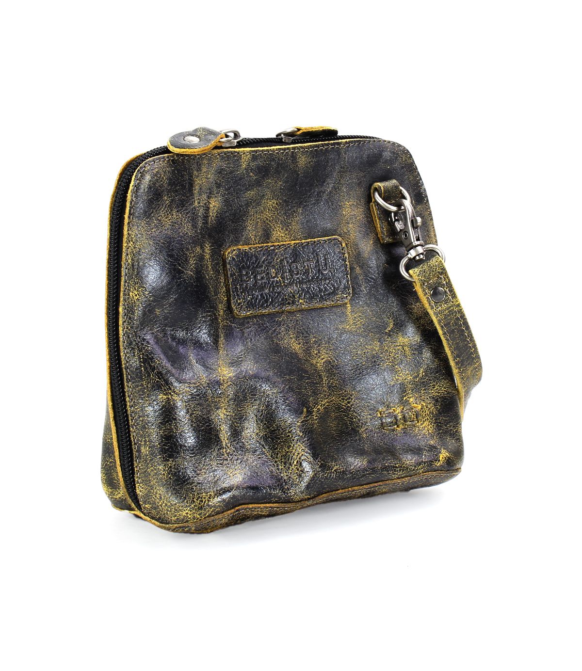 The Bed|Stü Ventura is a small, distressed black and yellow leather zippered pouch with a wrist strap and a rectangular patch on the front. This versatile design can be used as a lightweight purse or as an exterior zip pocket for your favorite leather crossbody bag.