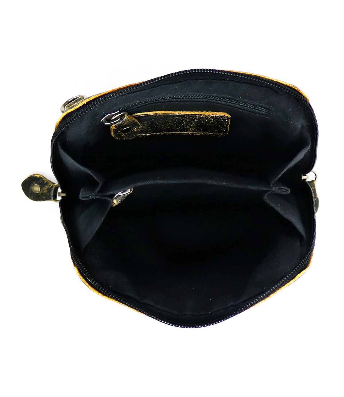 Top view of the Bed|Stü Ventura—a black fabric pouch with a zipper, featuring two main compartments and a small leather tab inside—perfect as a lightweight purse or crossbody bag.