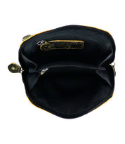 Top view of the Bed|Stü Ventura—a black fabric pouch with a zipper, featuring two main compartments and a small leather tab inside—perfect as a lightweight purse or crossbody bag.