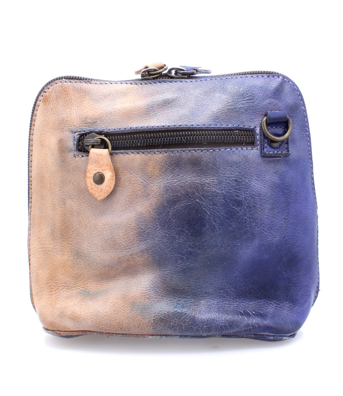 The Ventura by Bed|Stü is a small, lightweight leather purse featuring a front zipper pocket, a faded tan and blue color pattern, and a metal ring attachment.