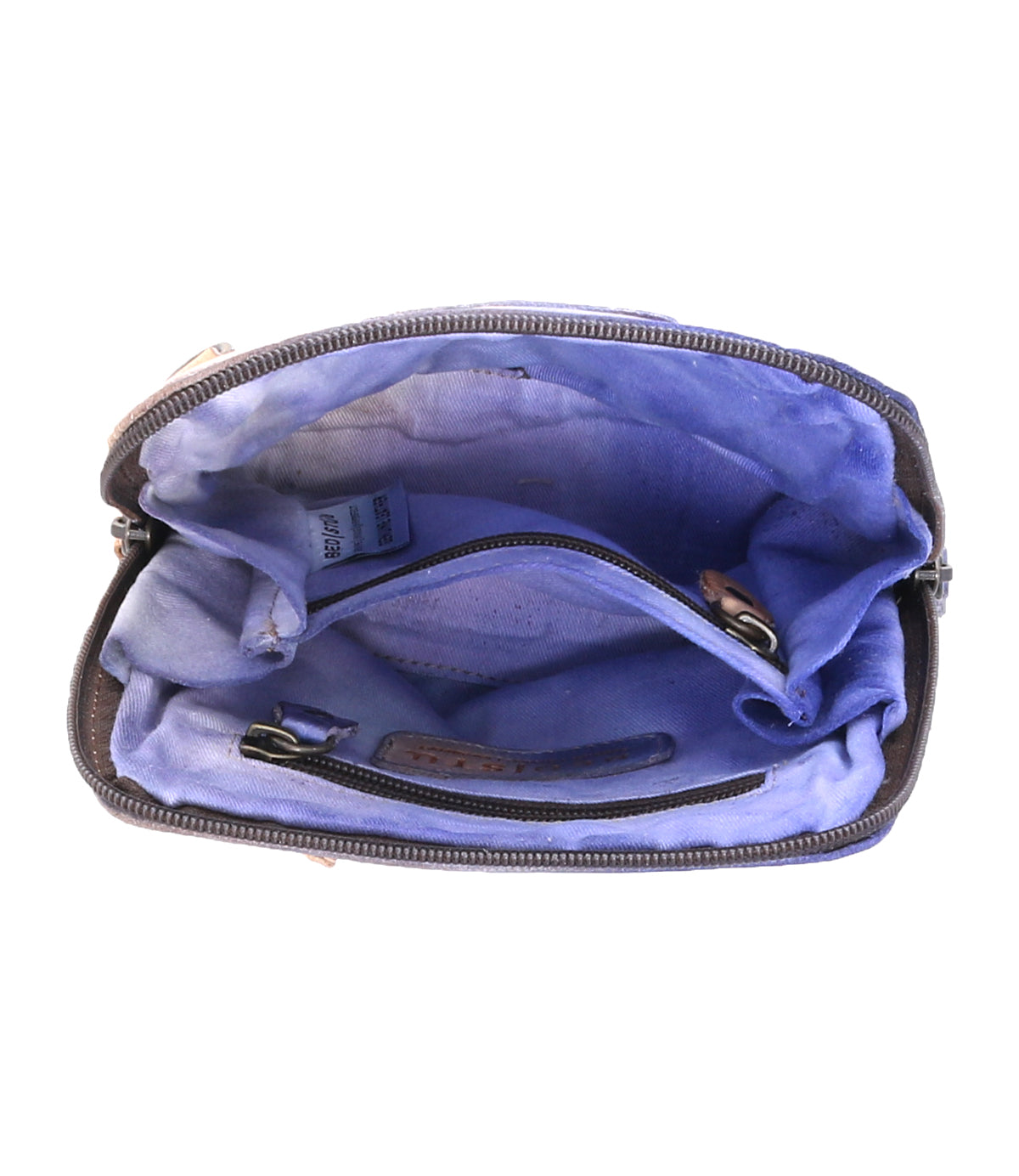 Discover the Bed|Stü Ventura—an open, empty lightweight purse featuring a purple fabric lining, an interior zipper pocket, and a leather strap inside—making it the perfect stylish leather crossbody bag.