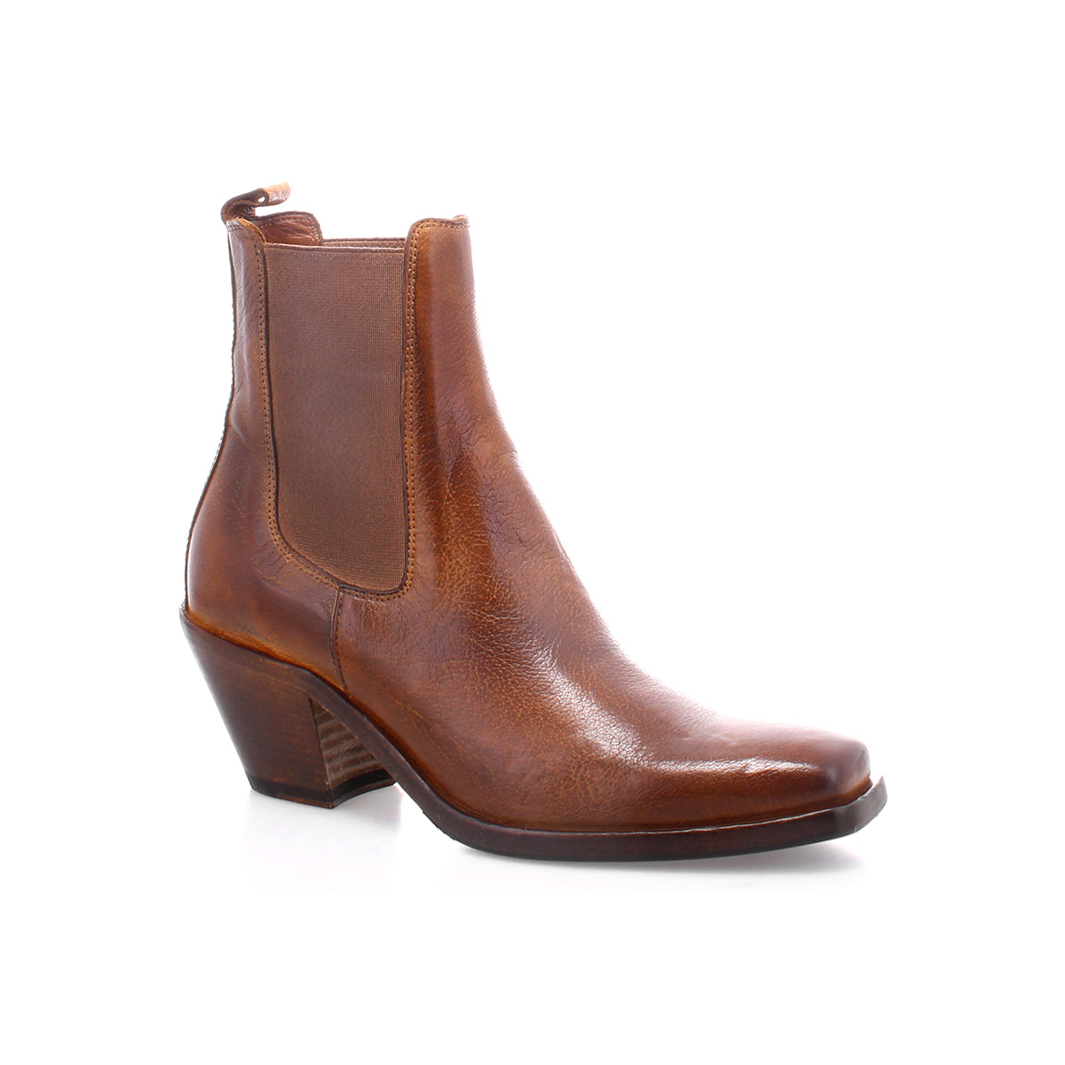 The Bed|Stü Viscera is a brown full-grain leather ankle boot featuring a pointed toe, side elastic panels in classic Italian Chelsea boot style, a back pull tab, and a medium block heel, displayed on a white background.