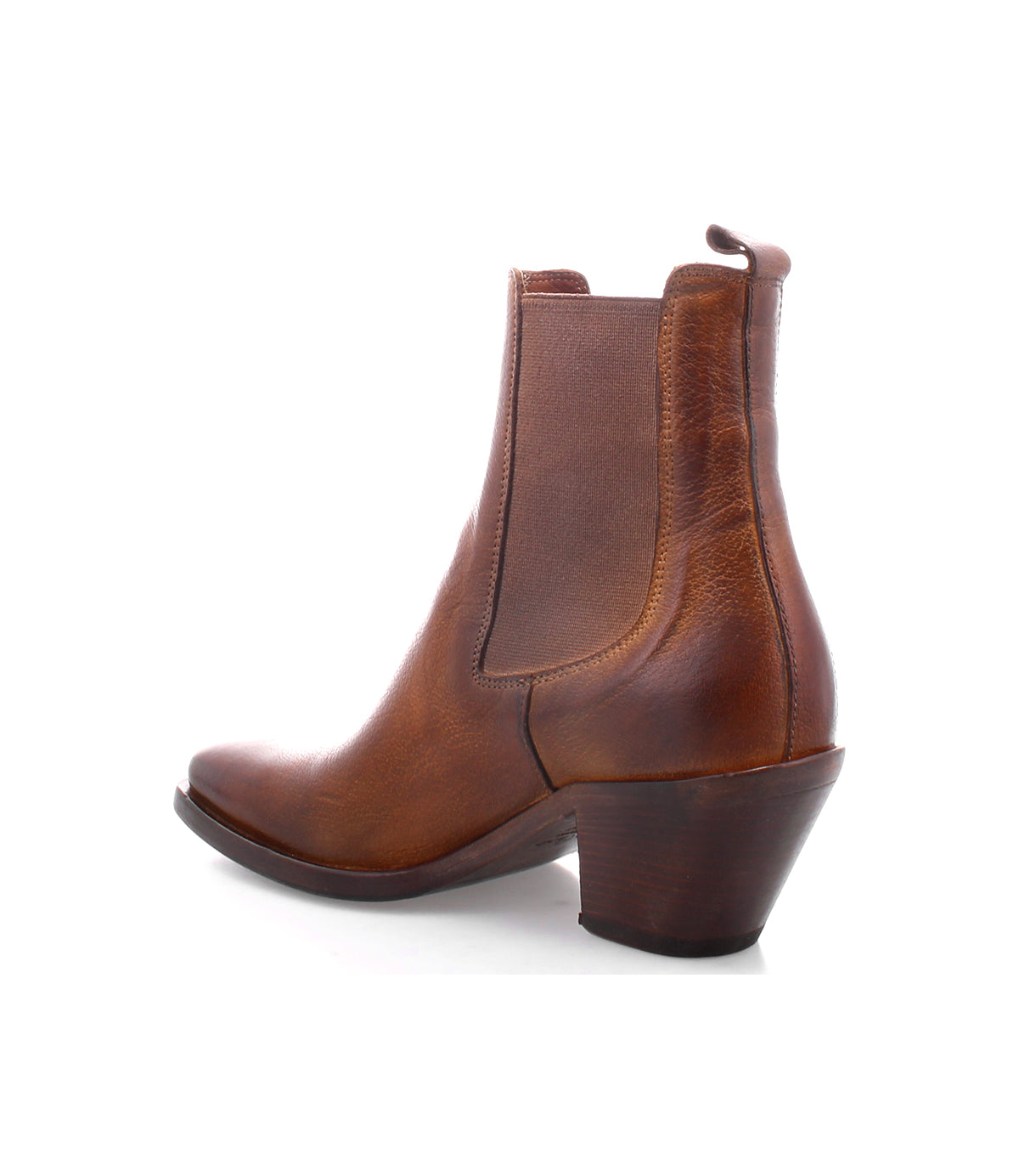 Bed|Stü's Viscera ankle boot in brown full-grain leather features a pointed toe, elastic side panels, a back pull tab, and a stacked angled heel—an elevated twist on the classic heeled Chelsea boot, shown against a white background.