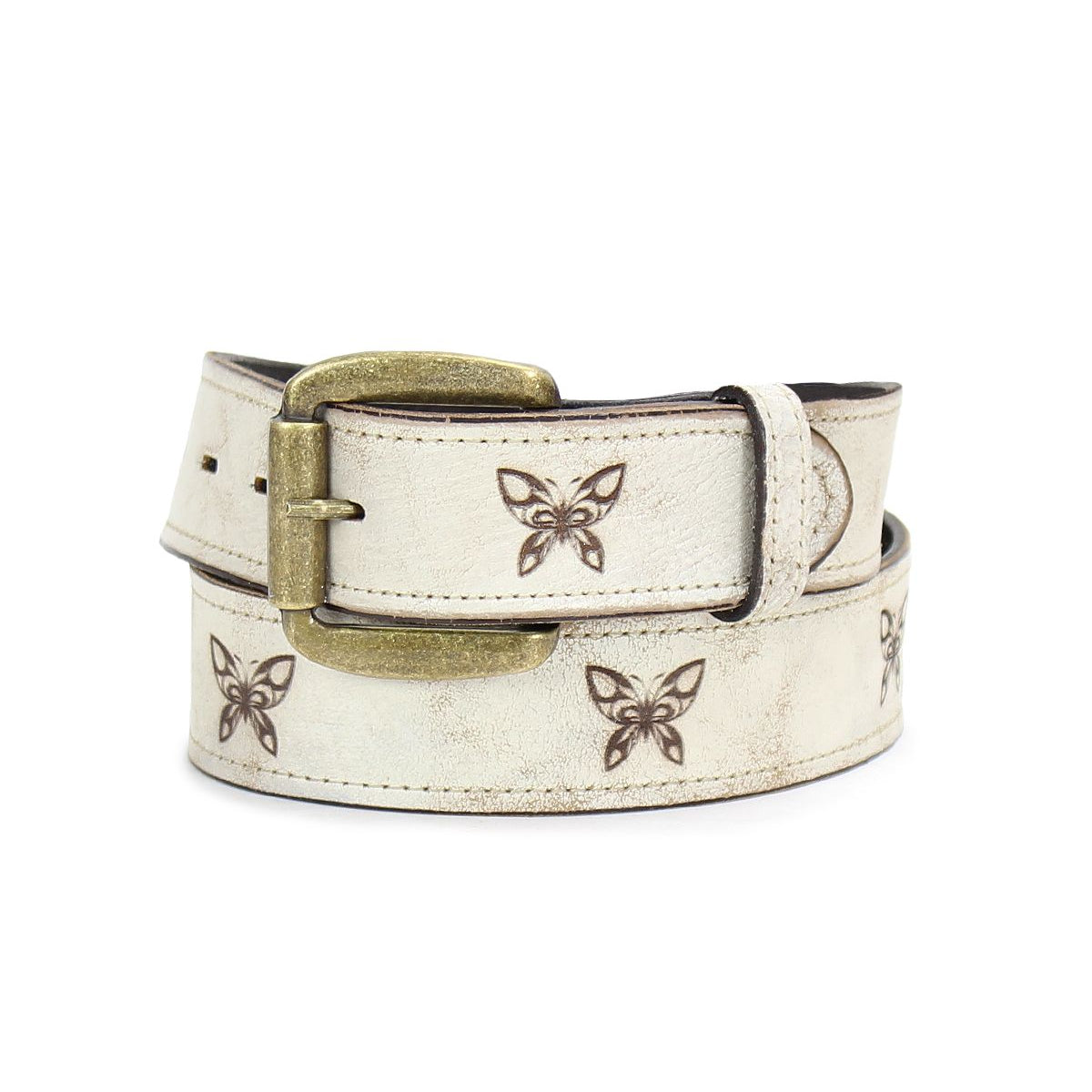 The Bed|Stü Wander belt, crafted from light-colored leather, features a brass buckle and evenly spaced brown butterfly designs adorning the strap; this whimsical accessory is pictured coiled.