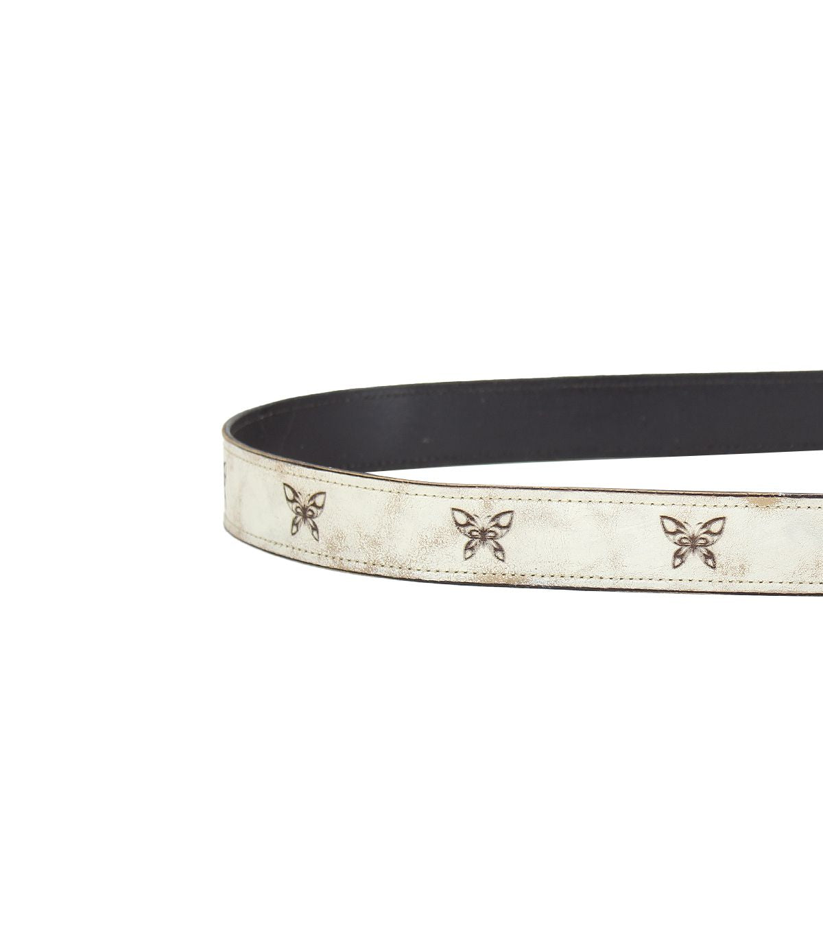 Introducing Wander by Bed|Stü: a whimsical white leather belt adorned with petite butterfly-shaped metal accents and detailed brown edging, beautifully showcased against a plain backdrop.