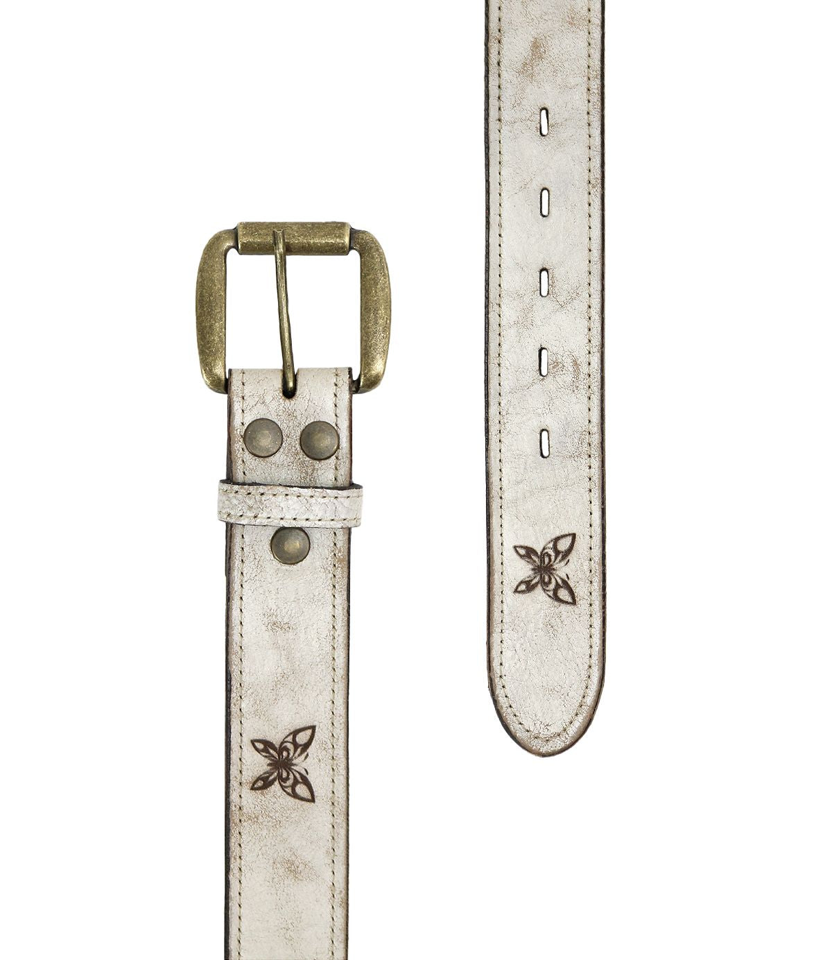 Add a touch of charm to any outfit with the Wander belt from Bed|Stü—a white leather accessory featuring a brass buckle, decorative stitching, subtle embossed floral pattern near the end, and multiple visible adjustment holes for whimsical style.