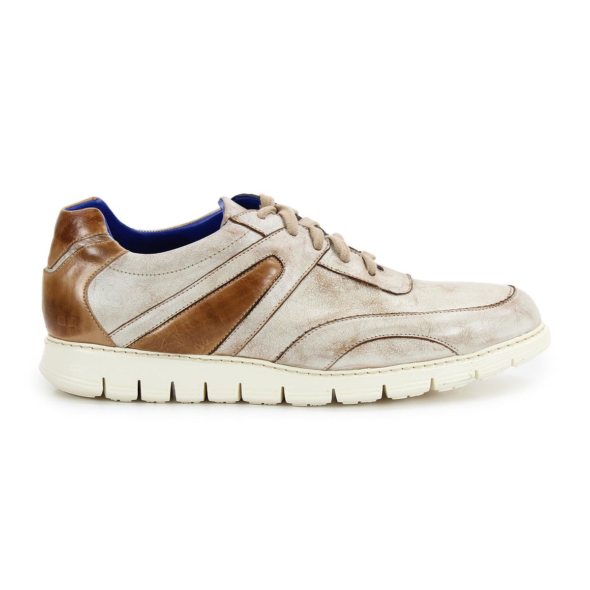 The Bed|Stü Wardell sneaker features beige and brown layered leather with a white cushioned sole, blue inner lining, and textured detailing on the side and heel, bringing a modern edge to any casual look.