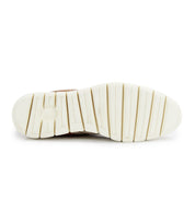 The image displays the bottom view of the Wardell sneaker by Bed|Stü, featuring a white rubber sole with horizontal grooves and ridged tread patterns that lend a modern edge to this layered leather design.