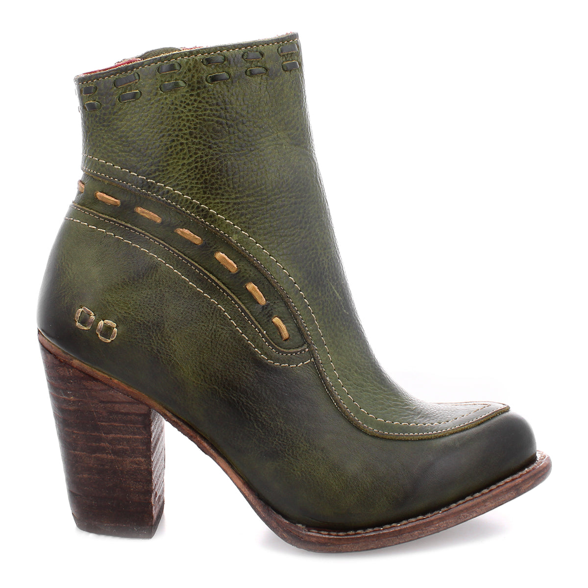 Introducing the Yuno by Bed|Stü: a green leather ankle boot featuring a chunky brown heel, decorative stitching, and cut-out details near the top and side. Designed with breathable cushioning for all-day comfort, these elevated heel boots are finished with subtle contrast leather accents for added style.