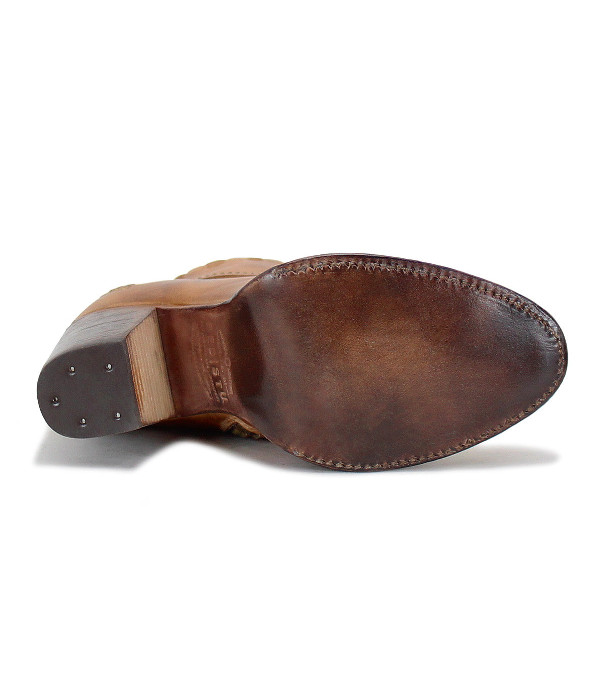 The image shows the underside of the Bed|Stü Yuno, a brown leather dress shoe featuring a pointed toe, a wooden heel, and contrasting leather accents.