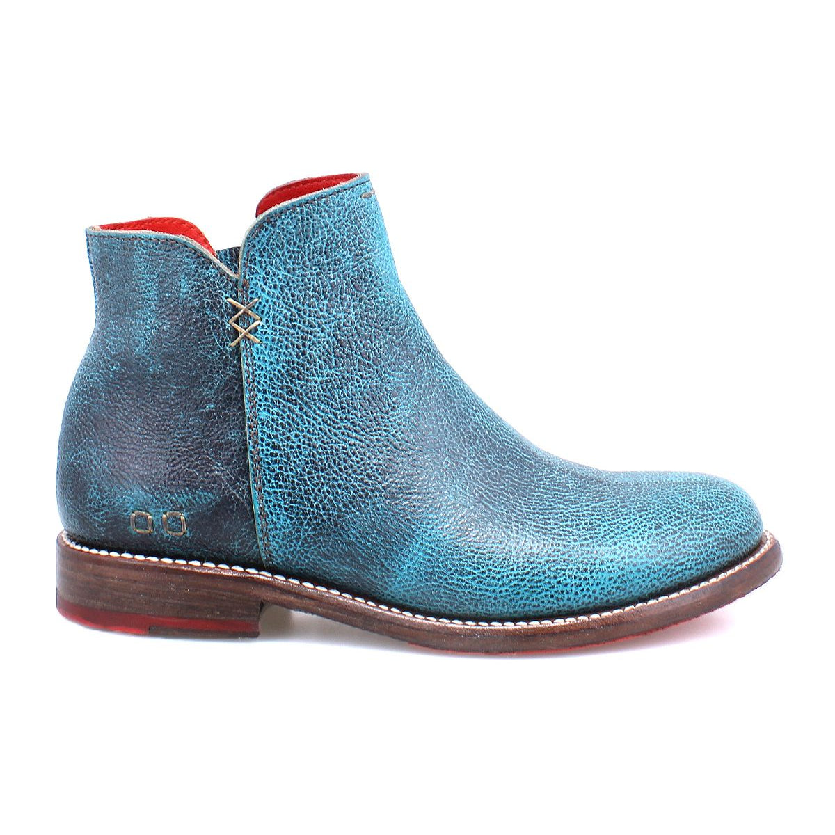 The Yurisa by Bed|Stü is a handcrafted ankle boot made from turquoise textured leather, featuring a brown leather outsole and visible stitching, shown in a side view against a white background.