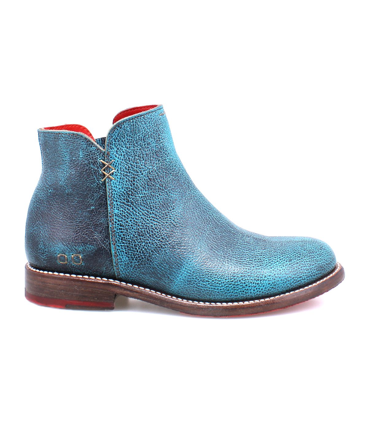 The Yurisa by Bed|Stü is a handcrafted ankle boot made from turquoise textured leather, featuring a brown leather outsole and visible stitching, shown in a side view against a white background.