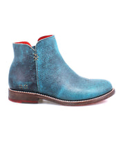 The Yurisa by Bed|Stü is a handcrafted ankle boot made from turquoise textured leather, featuring a brown leather outsole and visible stitching, shown in a side view against a white background.