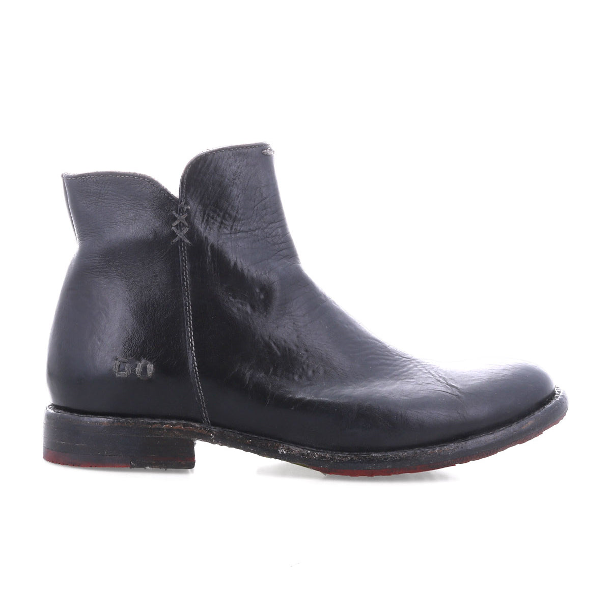 The Yurisa ankle boot by Bed|Stü features handcrafted black leather, a rounded toe, low heel, and visible stitching detail, shown from the side against a white background.