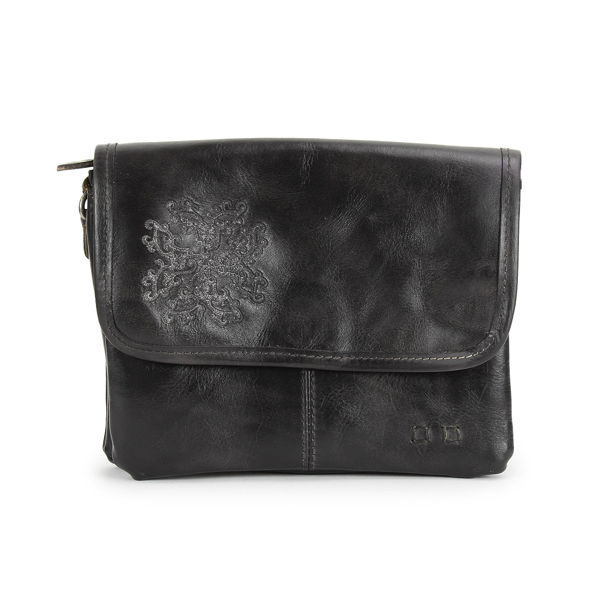 Discover the Ziggy JB by Bed|Stü—a black leather crossbody bag featuring a front flap, subtle embossed floral design, and simple stitching details. It’s the ideal choice for anyone looking for a sleek alternative to a traditional clutch.