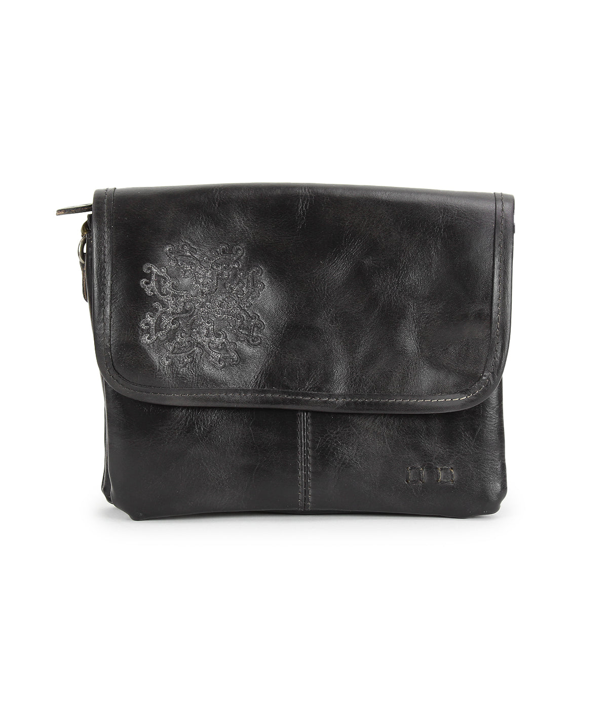 Discover the Ziggy JB by Bed|Stü—a black leather crossbody bag featuring a front flap, subtle embossed floral design, and simple stitching details. It’s the ideal choice for anyone looking for a sleek alternative to a traditional clutch.