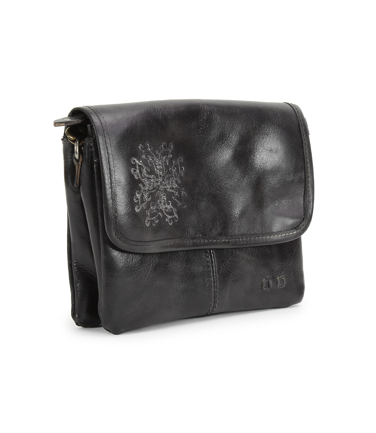Introducing the Ziggy JB by Bed|Stü—a compact black leather shoulder bag featuring a flap closure, subtle embossed detailing on the front, and distinctive metal hardware on the side. Designed for versatility, this stylish accessory effortlessly transitions from a chic clutch to a fashionable crossbody bag.
